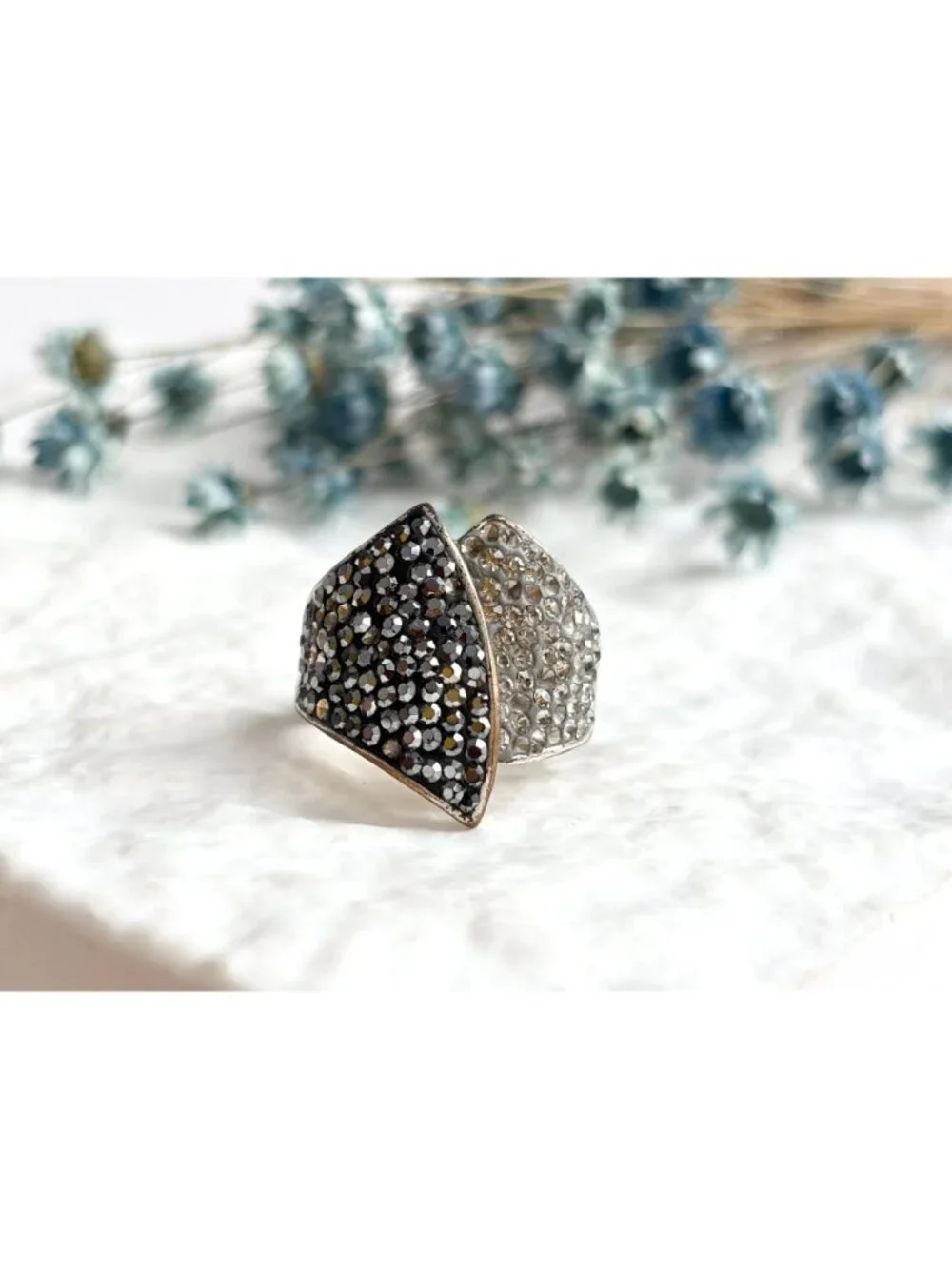 Modernist Folded Multi Rhinestone Brass Plated Malaysian Vintage Ring - sz 8